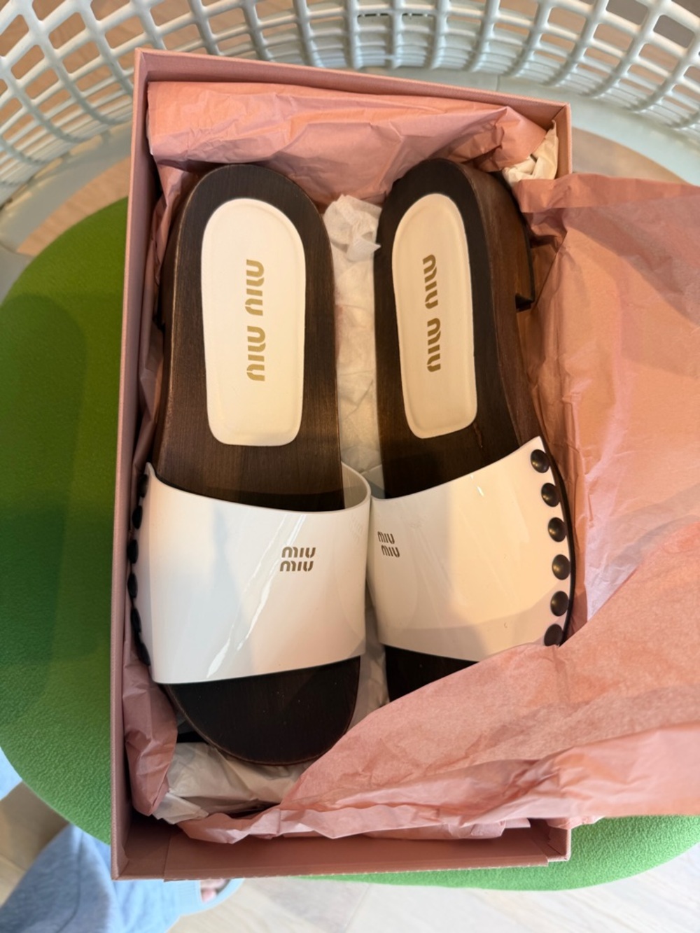 Miu Miu White Patent Slide Clogs with Dark Wood Footbed